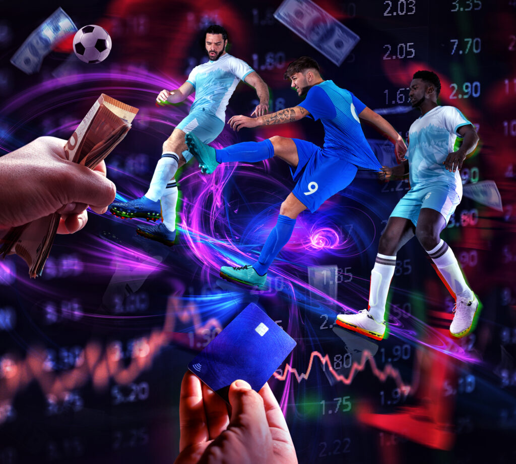 Football betting: players, banknotes, credit cards and odds.