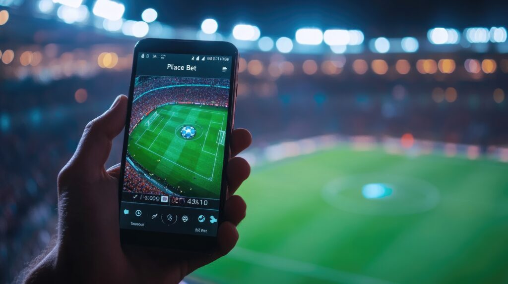 Wetten auf Fußballspiel im Stadion auf Smartphone