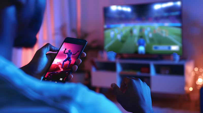 Mann schaut Fußballspiel auf Handy und Fernseher.